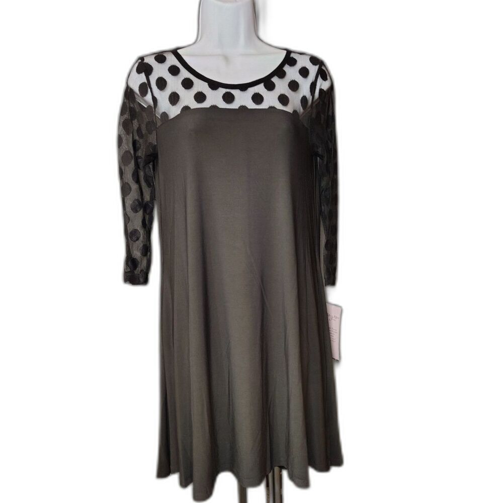 NWT Nina Leonard Black Polka Dot Mesh Sleeve Dress - Size S